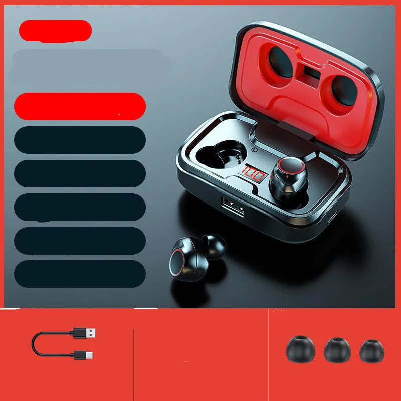 Black wireless in-ear Bluetooth 5.0 earphones showing binaural stereo design