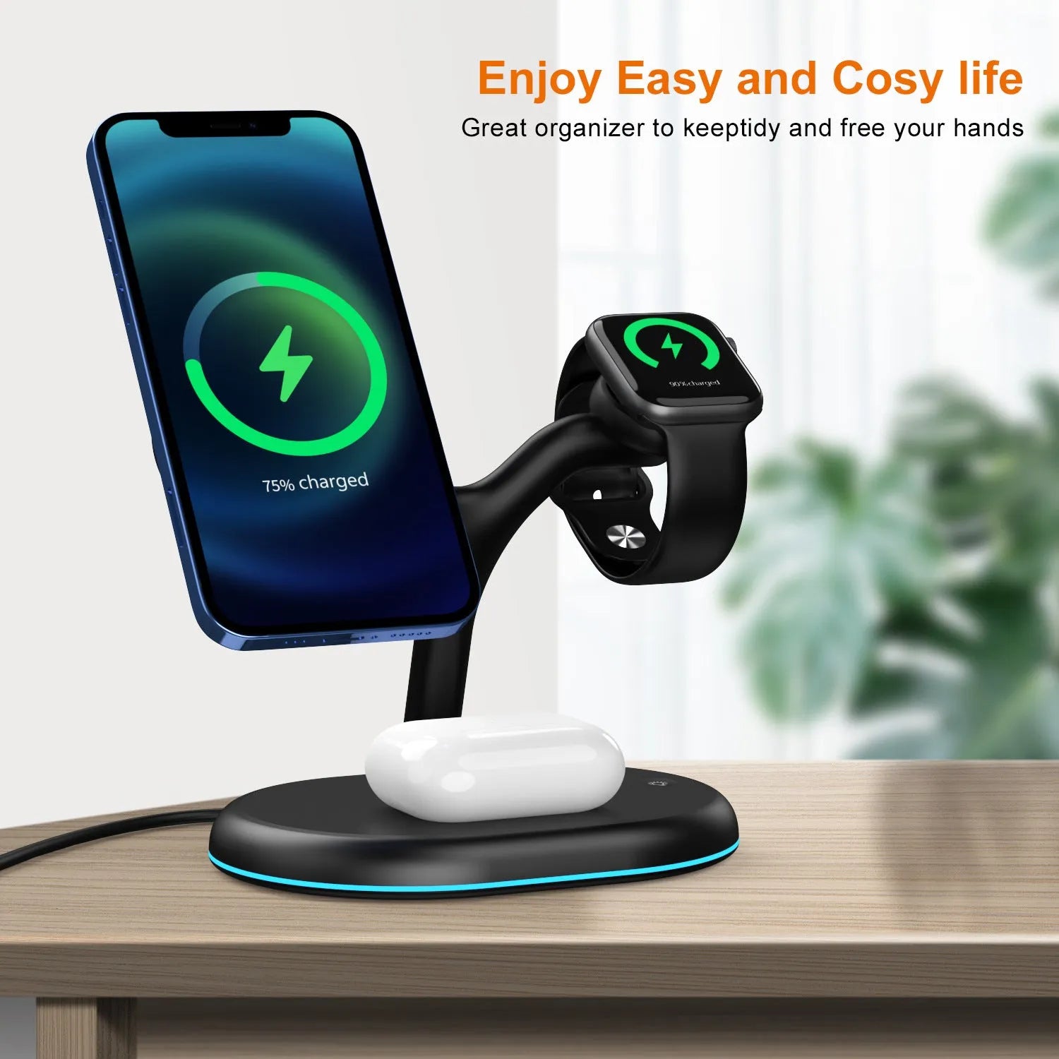 Black minimalist three-in-one magnetic wireless fast charging pad on a wooden desk.