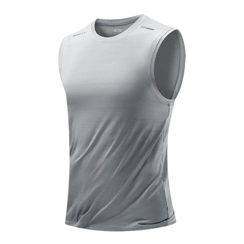 Man wearing a loose-fit grey sleeveless bamboo blend waistvest for casual wear.