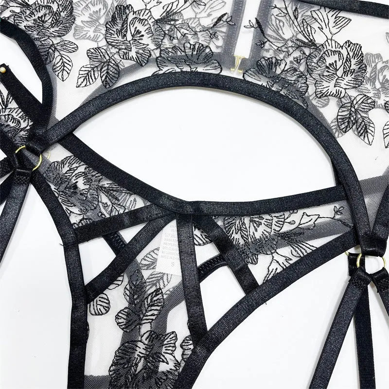 Black lace three-piece set with sleeveless top, high-waist trousers, and waist ring for women