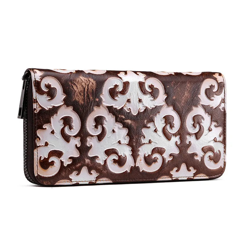 Brushed women's retro wallet in brown white top layer cowhide leather with floral embossed pattern and horizontal square shape