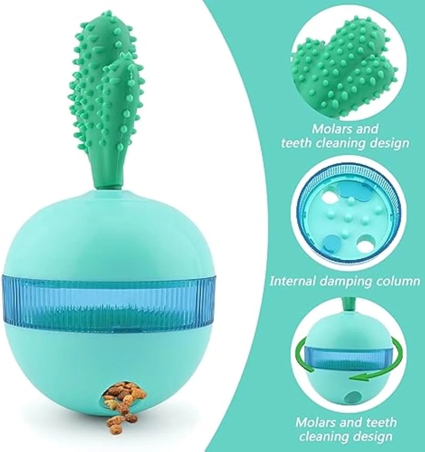 Blue and green durable rubber interactive dog treat dispenser ball with food holes for medium large dogs