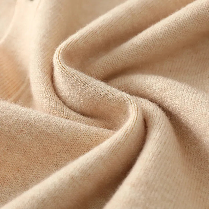 Men's loose V-neck cardigan coat in Andy velvet fabric, shown in beige colour.