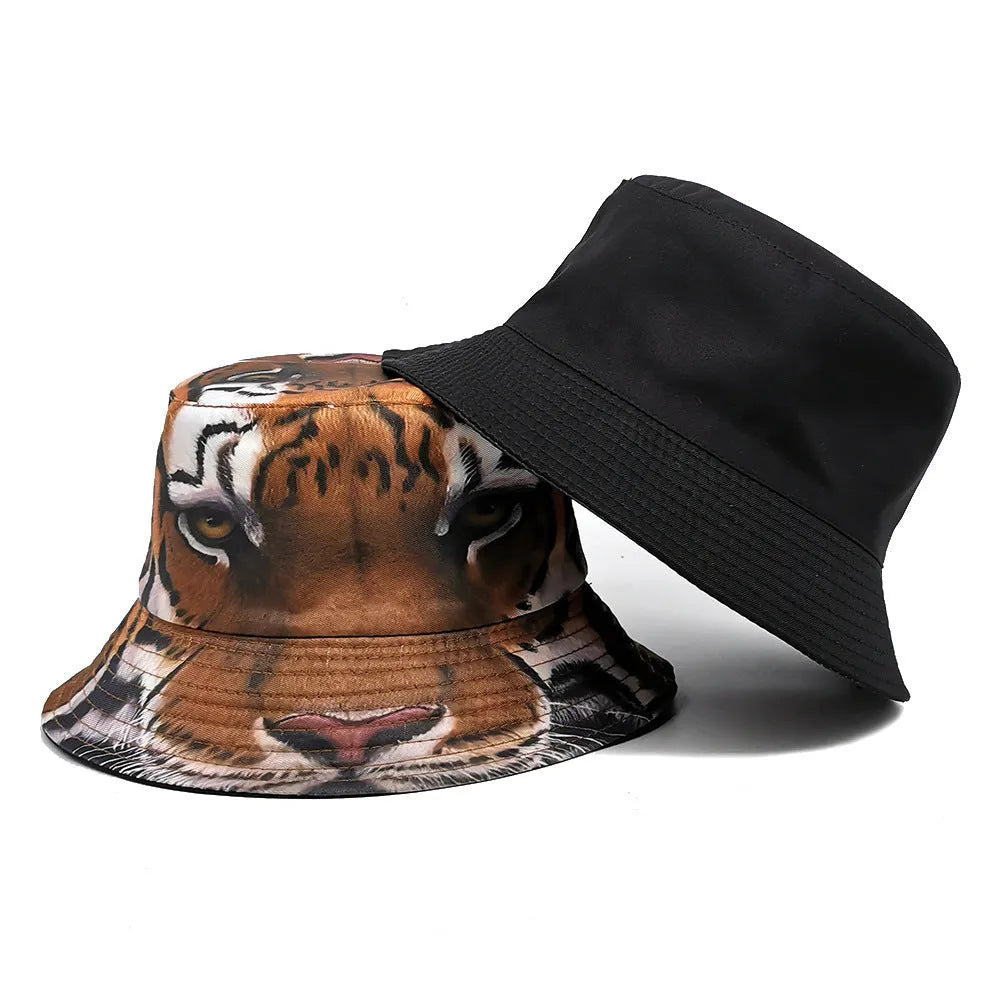 Tiger pattern bucket hat in khaki or black colour with dome crown, M size fits 56-58cm
