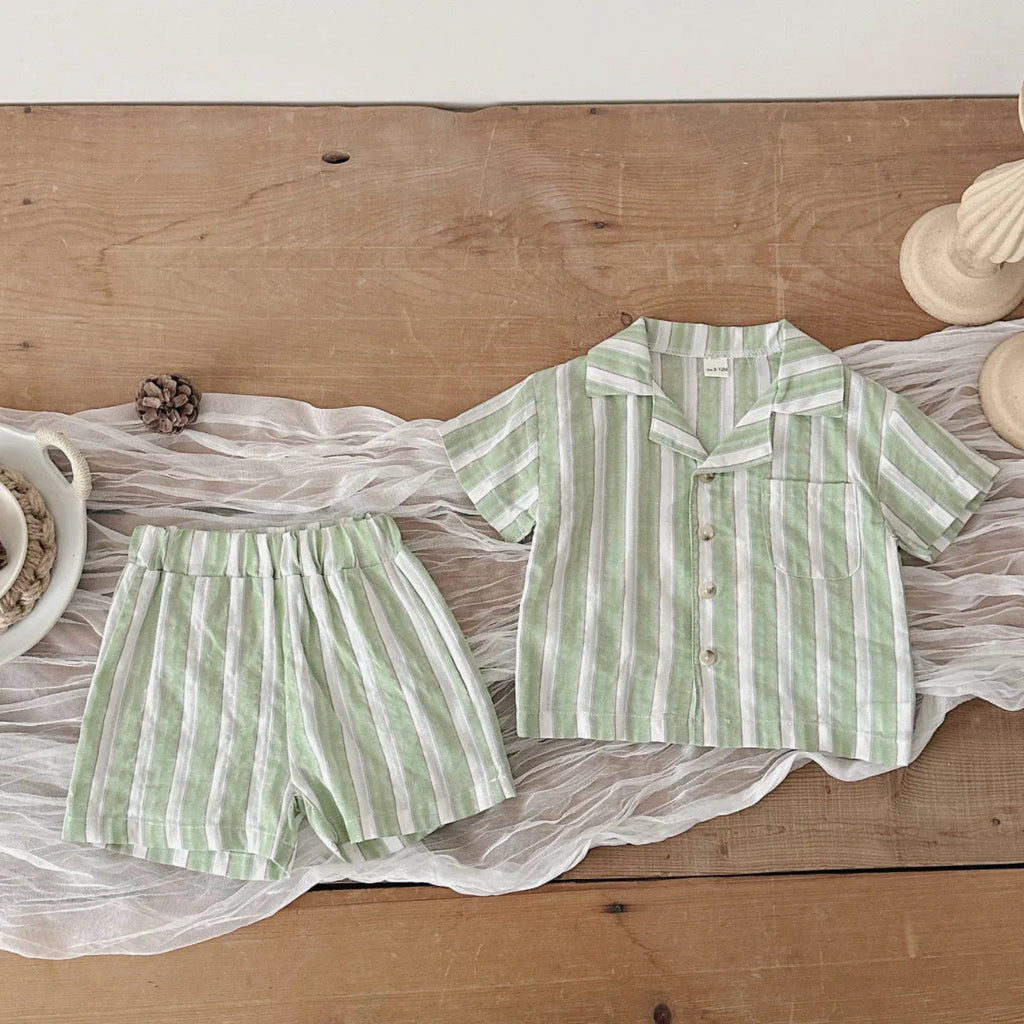 Children's striped cool breathable short-sleeved sports shorts set in olive colour for summer