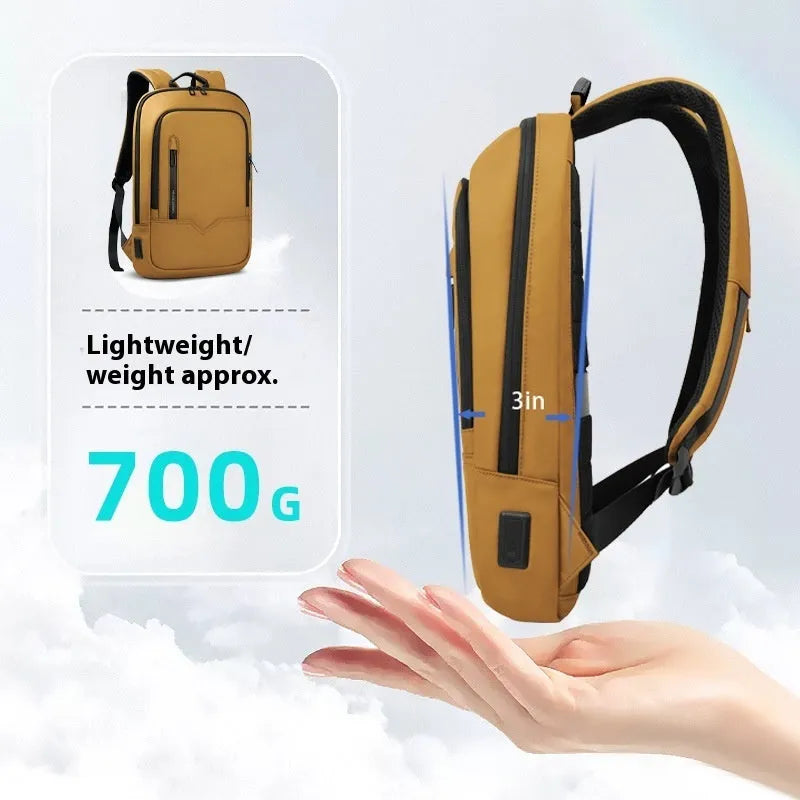 Lightweight polyester laptop backpack with USB charging port in olive green colour