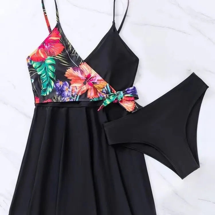Women's black high waist briefs printed split bikini for sports and swimming activities