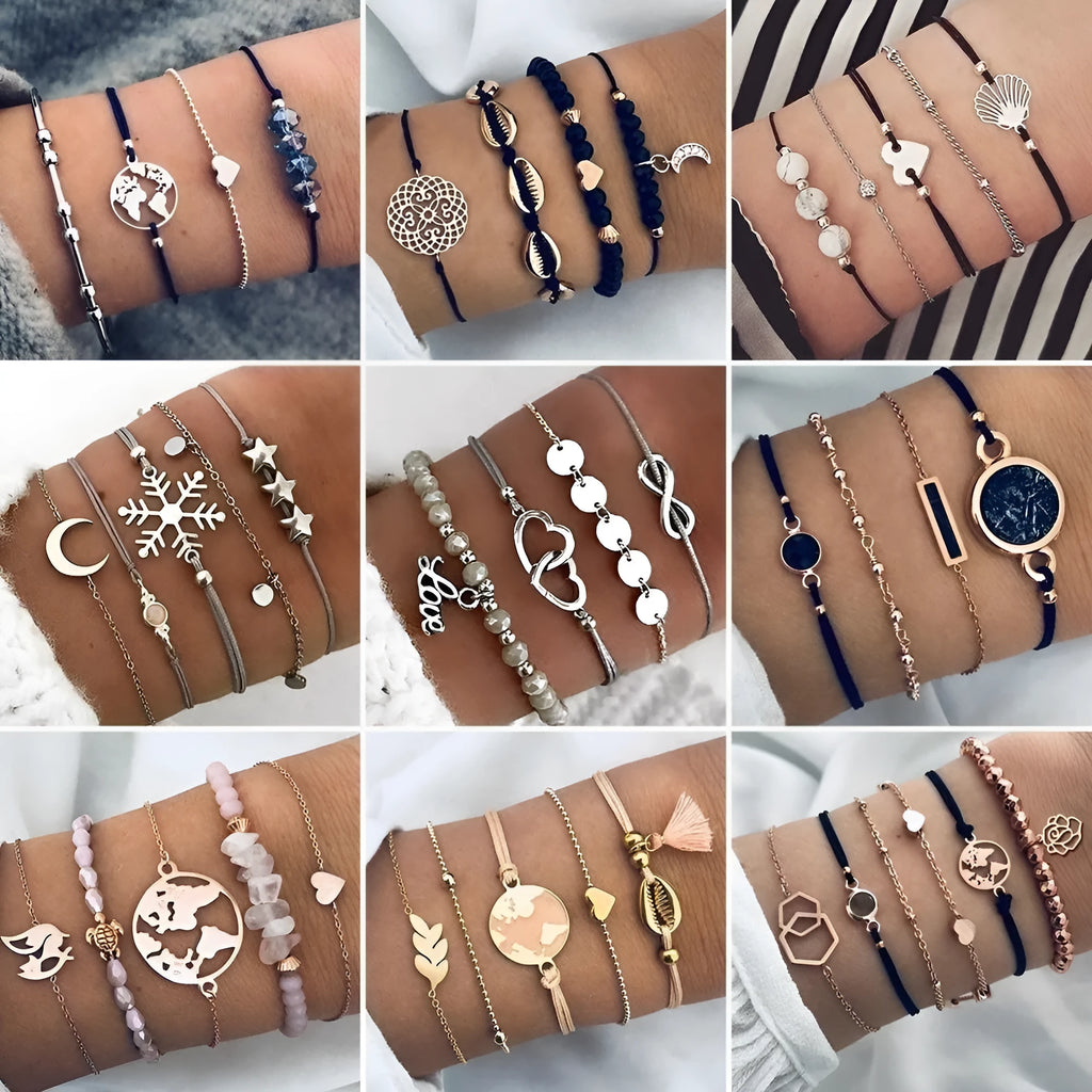 Bohemian bracelet set with alloy vintage bead and boho charm design in bow love style for women