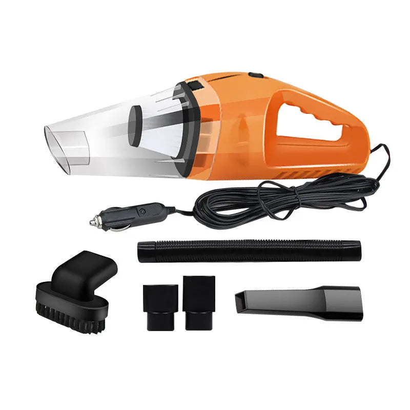 Orange handheld car vacuum cleaner with nozzle attached, next to its 12V cigarette lighter plug and additional accessories.
