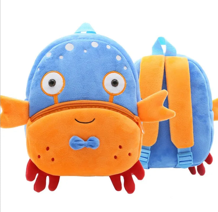 Children's plush animal backpack with zipper opening showing elephant design and dimensions 26x24x10cm