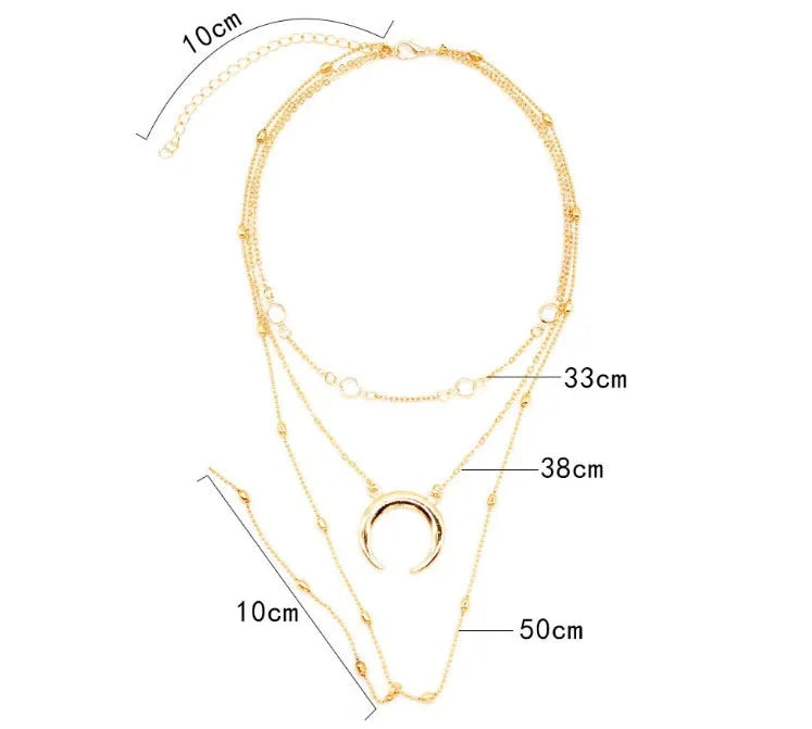 Gold silver multilayer crescent moon bead chain initial choker necklace on display with adjustable 35 cm chain and alloy finish