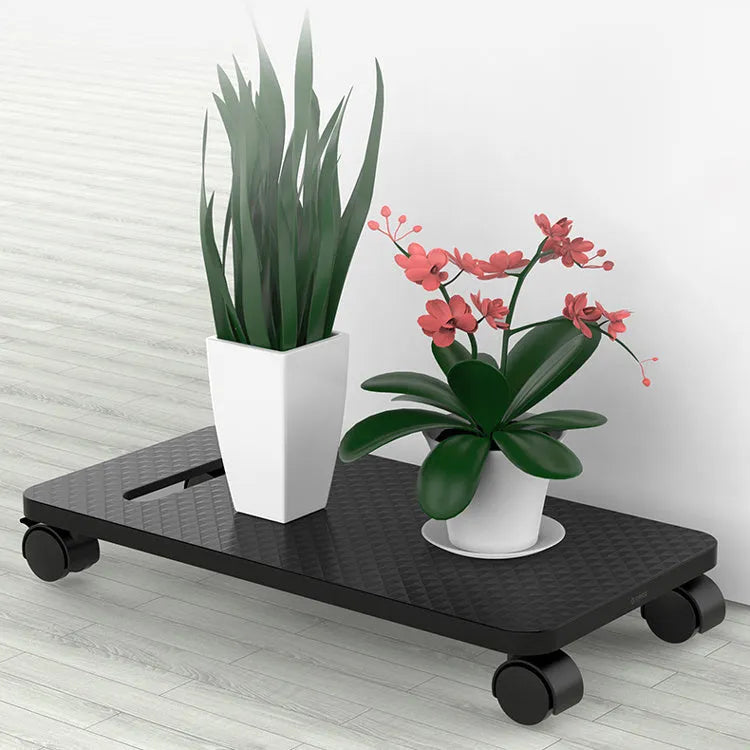 Orico black CPU floor stand with wheels holding a desktop tower vertically on a hard floor