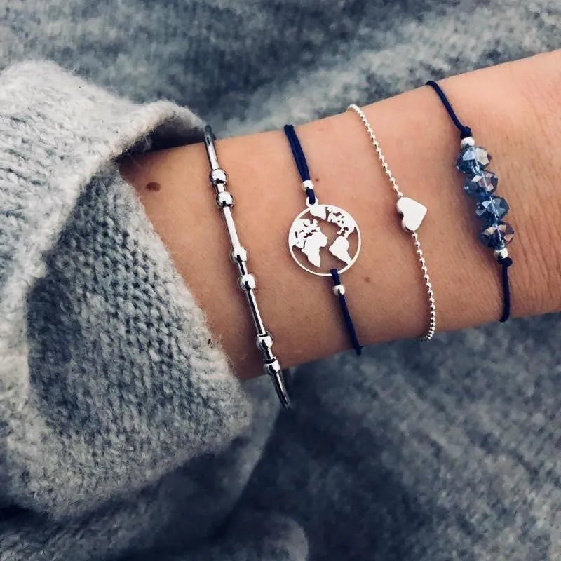 Bohemian bracelet set with alloy vintage bead and boho charm design in bow love style for women