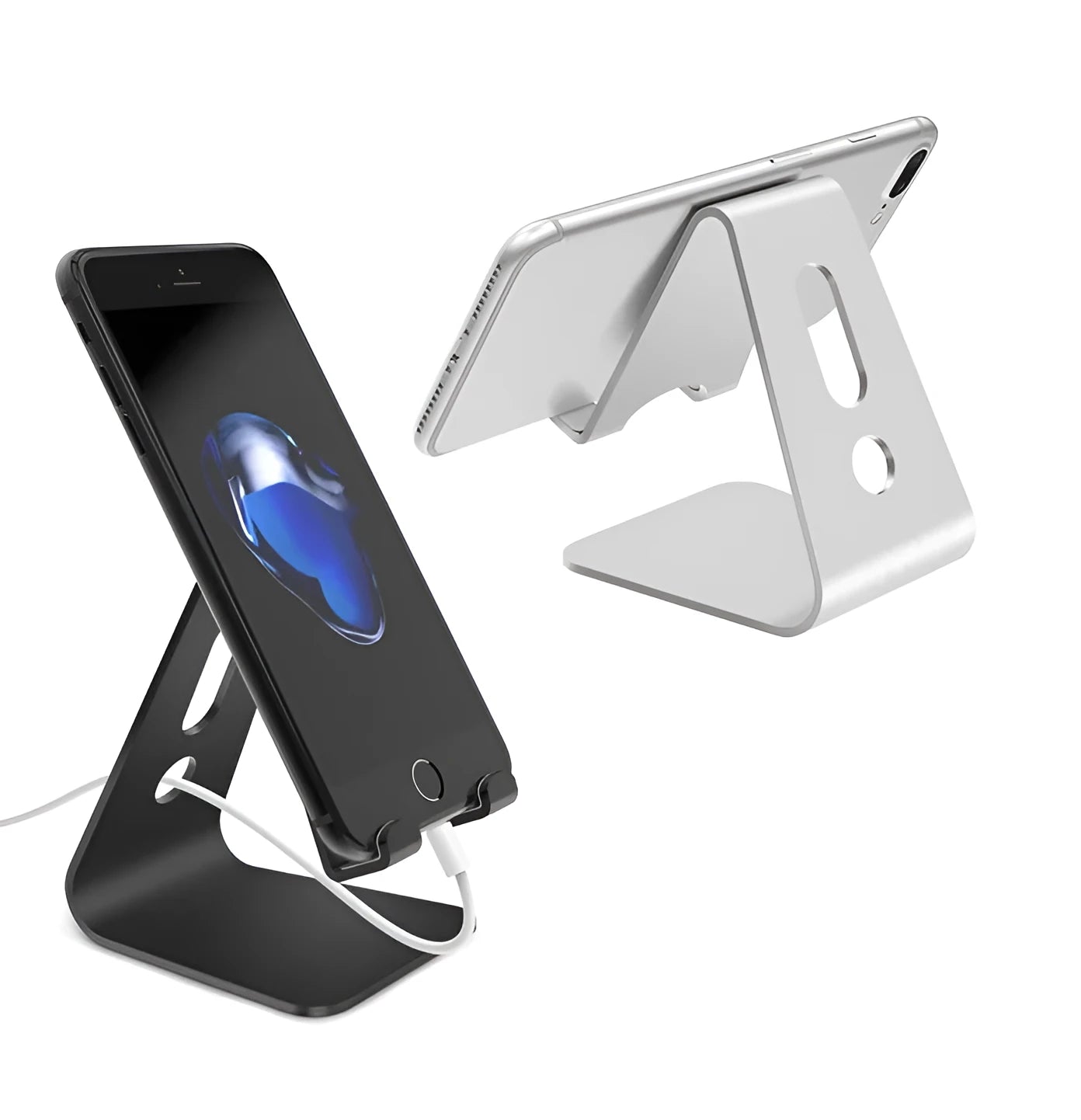 Aluminium universal stand holding a mobile phone and a tablet, shown in silver colour.