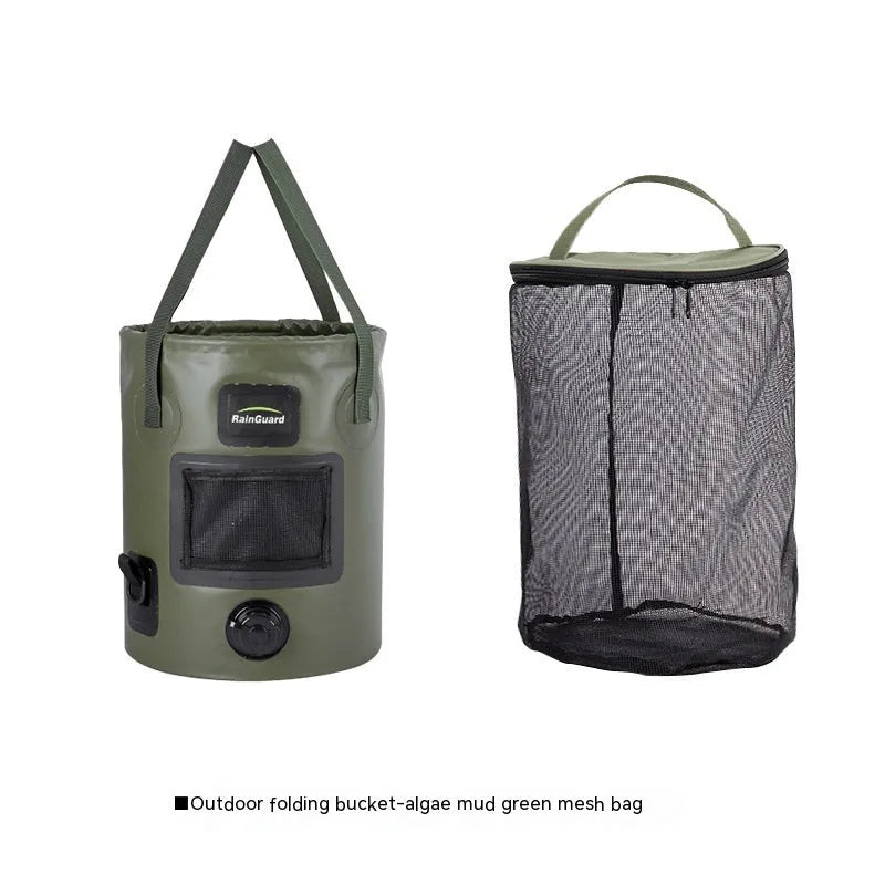 Collapsible orange fishing bucket showing folded and expanded states with mesh pocket option