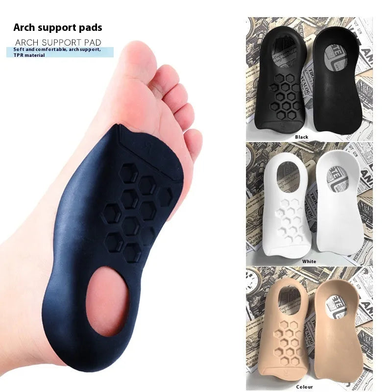 TPR arch support varus correction insoles in white, black, and skin colour for shoe sizes 35-45.