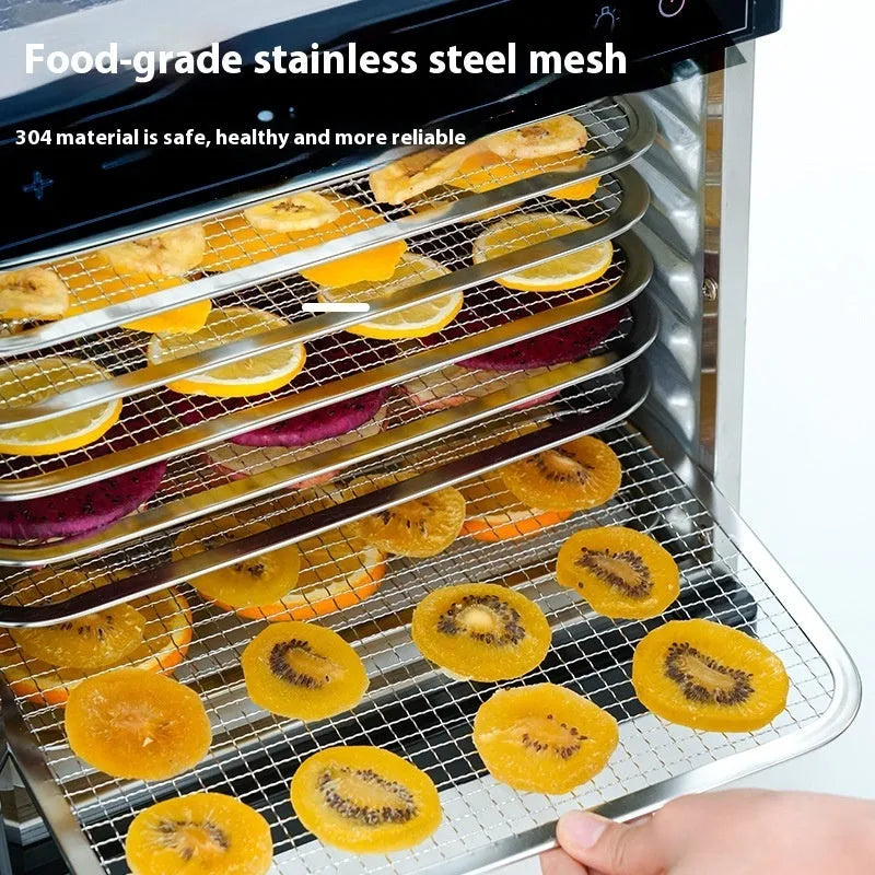 Stainless steel food dehydrator with visual skylight window and LED control panel.
