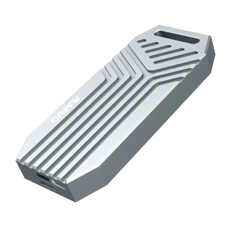 Aluminium external hard drive enclosure for M2 Mac, shown in silver and grey finishes, with 40Gbps label.