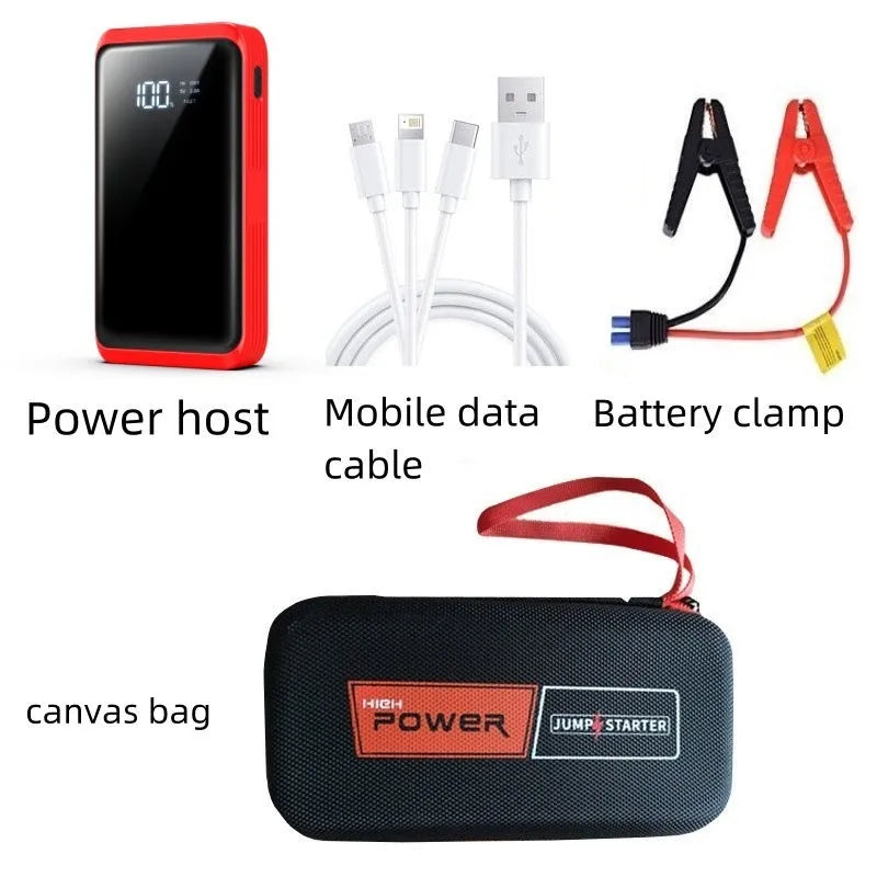 TM48 1200A car jump starter with battery clips, LED light, and USB port on a dark background