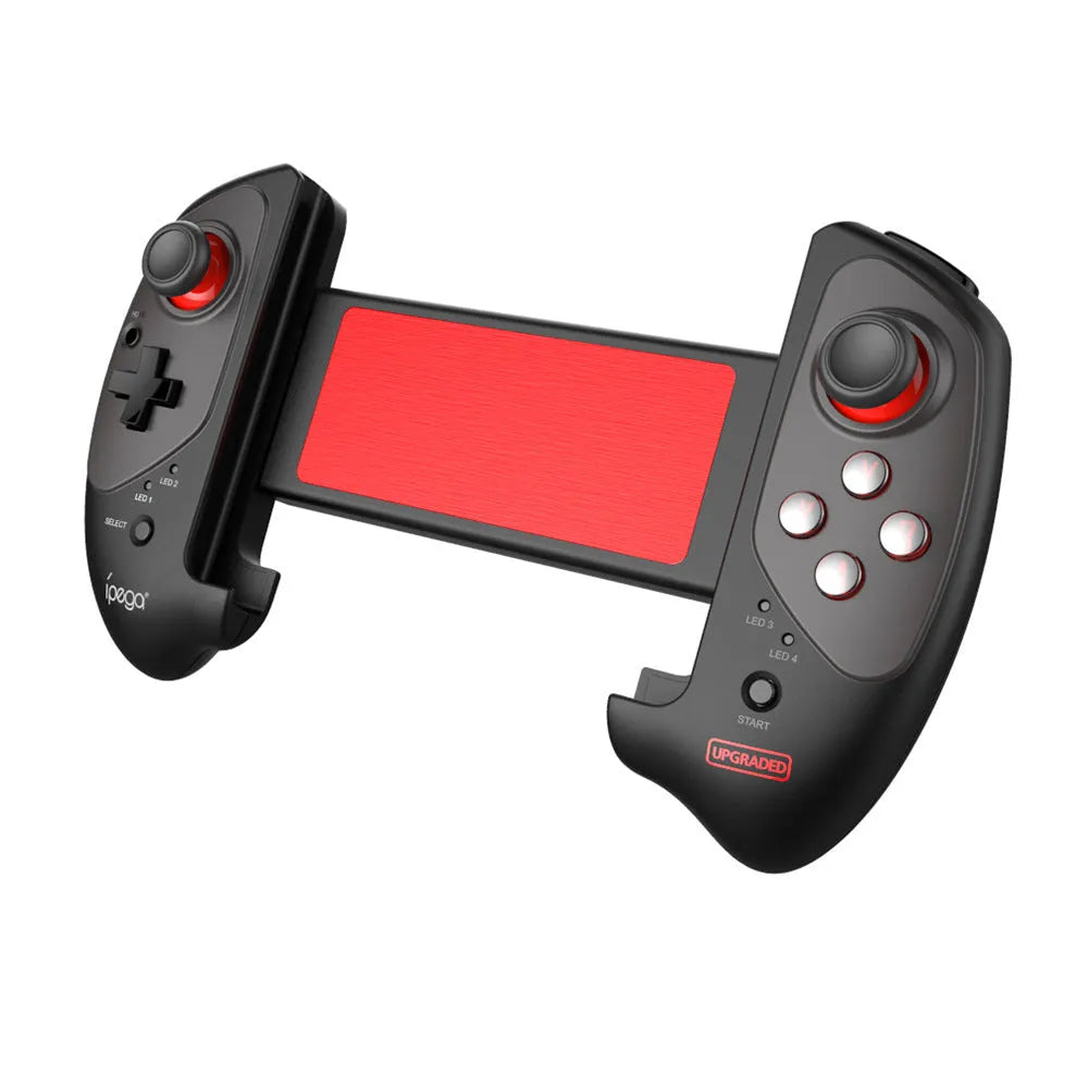 Red telescopic Bluetooth gamepad for Android iOS and PC gaming with USB cable