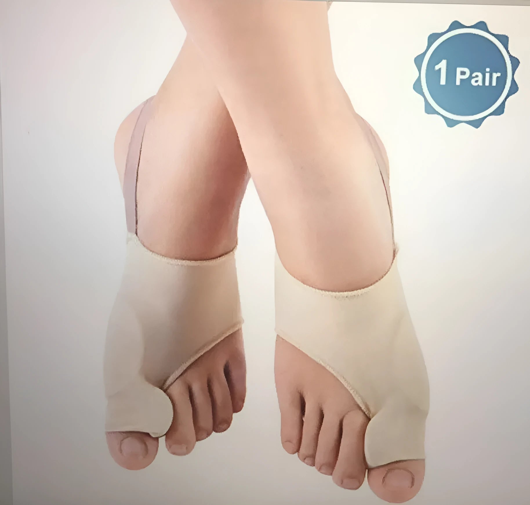 Corrective bunion sock with silicone gel toe separator shown in sizes S, M, and L on a foot diagram.