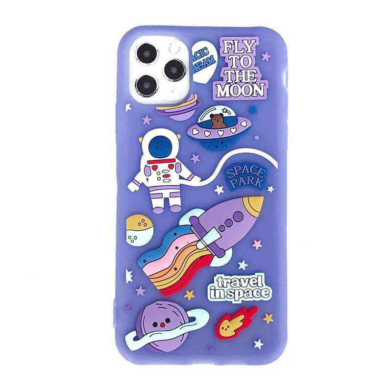 Purple silicone phone case with 3D stereoscopic astronaut and rocket design for Apple iPhone