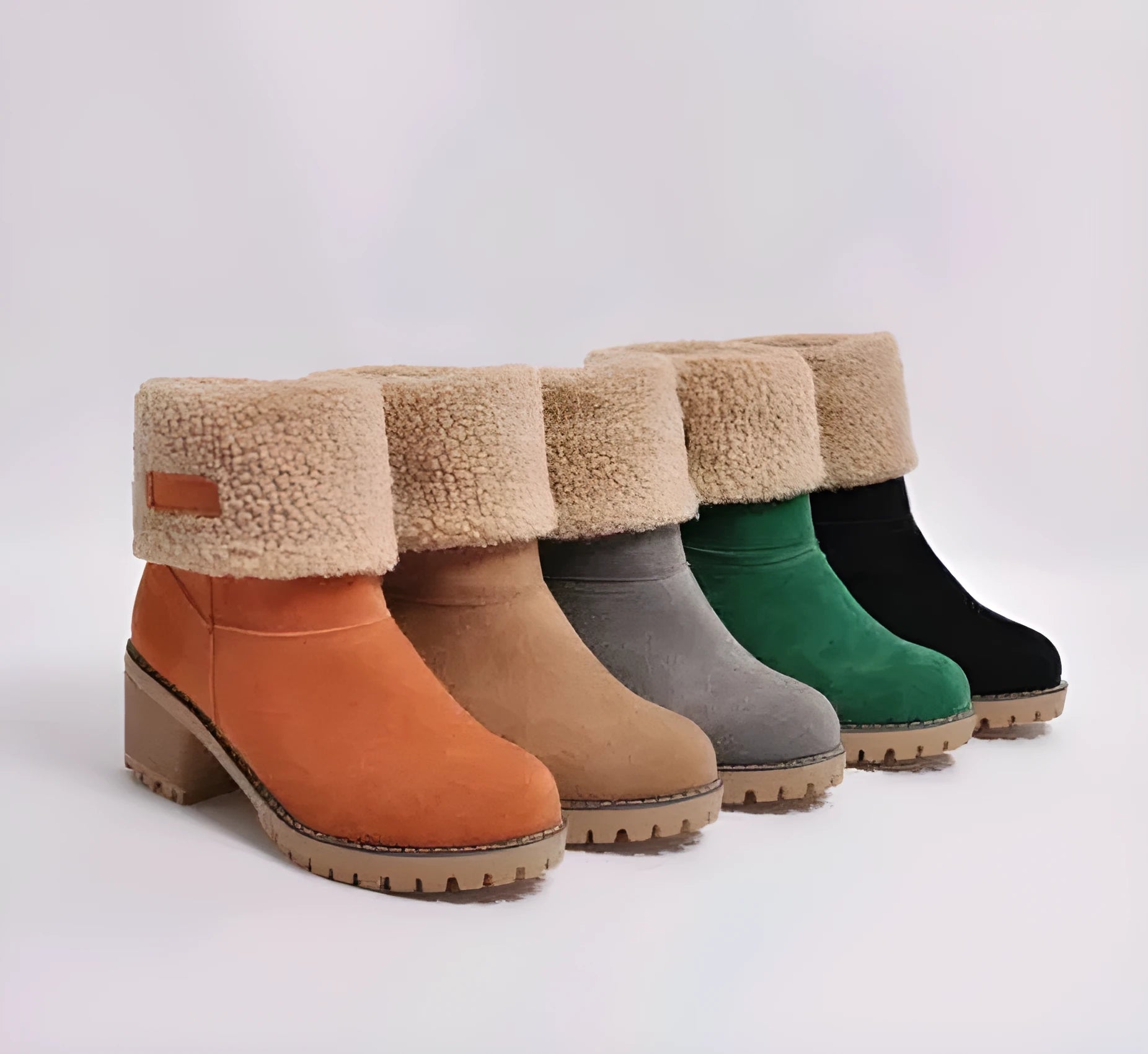 Women's mid-calf suede snow boots with a low flat heel and round toe, shown in available colours.