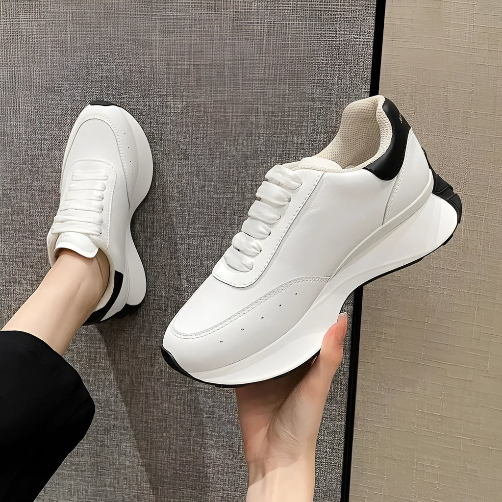 Women's leather sports casual shoes white tail colour, high top raised bottom, two-layer cowhide upper, round toe lace-up