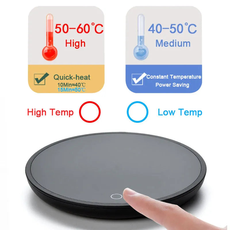 Black dual-temperature coffee mug warmer with low/high switch on a desk.