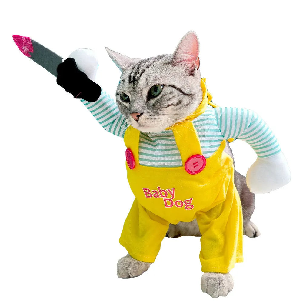 Yellow knife assassin costume for cats in polyester fabric with four size options