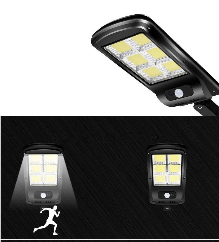 Black solar-powered outdoor wall light with motion sensor for garden and driveway security.