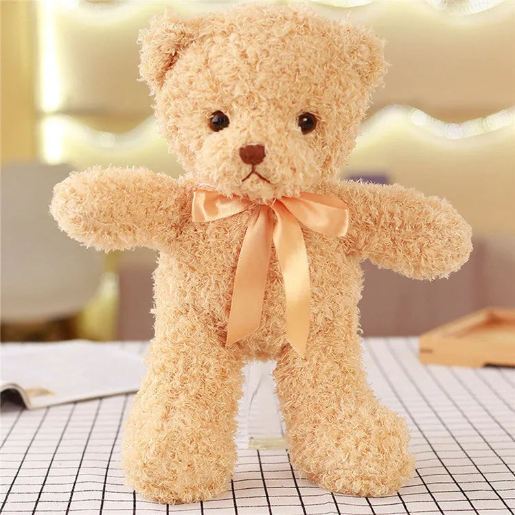 Yellow plush bear toy 30cm tall, made of soft fabric with PP cotton filling, standing upright on a plain background