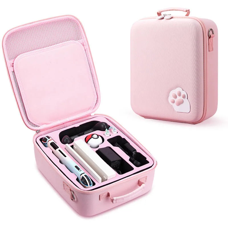 Nintendo Switch console storage bag with cat claw design, game card slots and a diagonal shoulder strap.