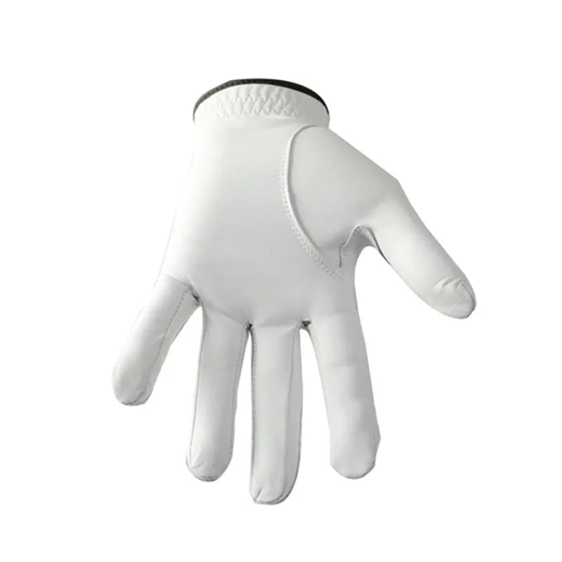 Men's white half sheepskin golf glove showing breathable fabric construction and non-slip surface