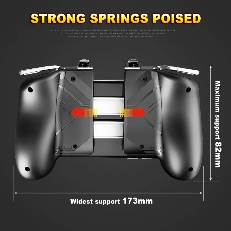 Telescopic mobile game handle extended to show smartphone compatibility with detachable grip component