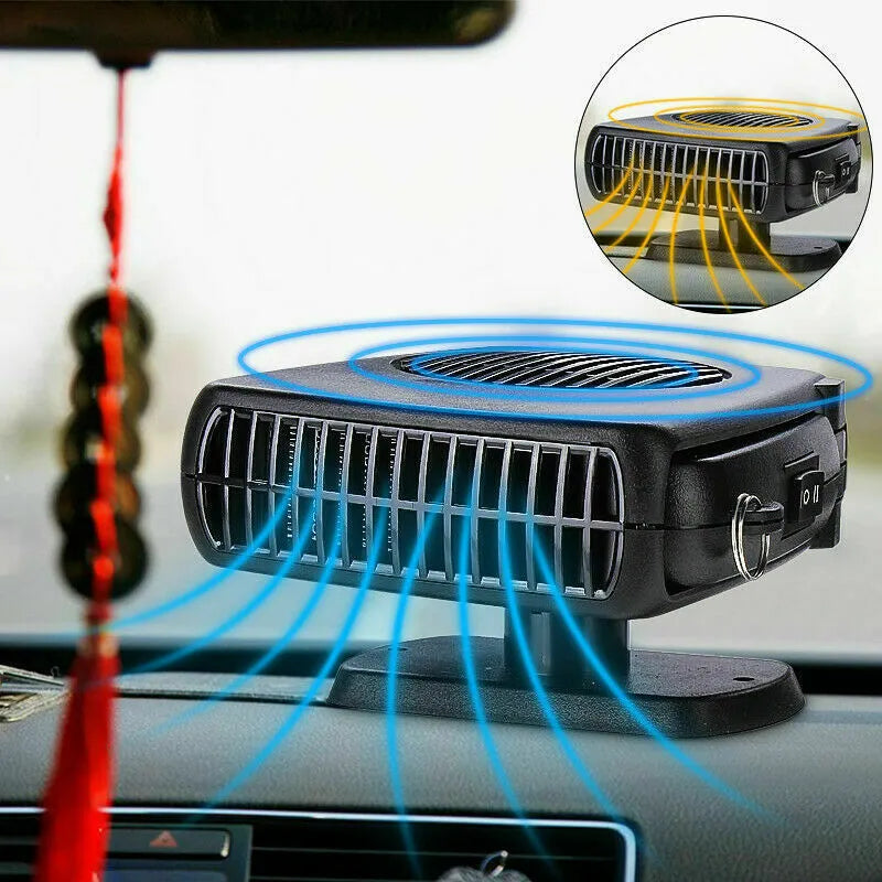 Portable 12V/24V car heater fan, black ABS, windscreen demister defroster with 360-degree rotation, compact size 13 x 11 x 4 cm.