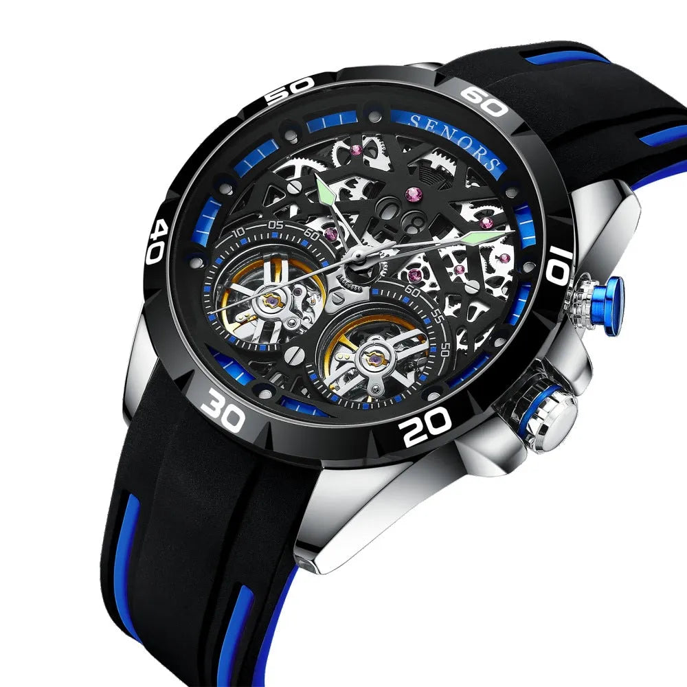 Automatic mechanical skeleton men's watch with luminous markers and exhibition back in stainless steel case