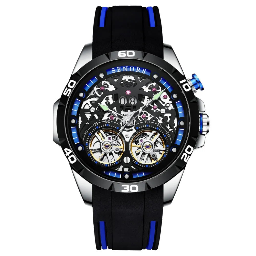 Automatic mechanical skeleton men's watch with luminous markers and exhibition back in stainless steel case