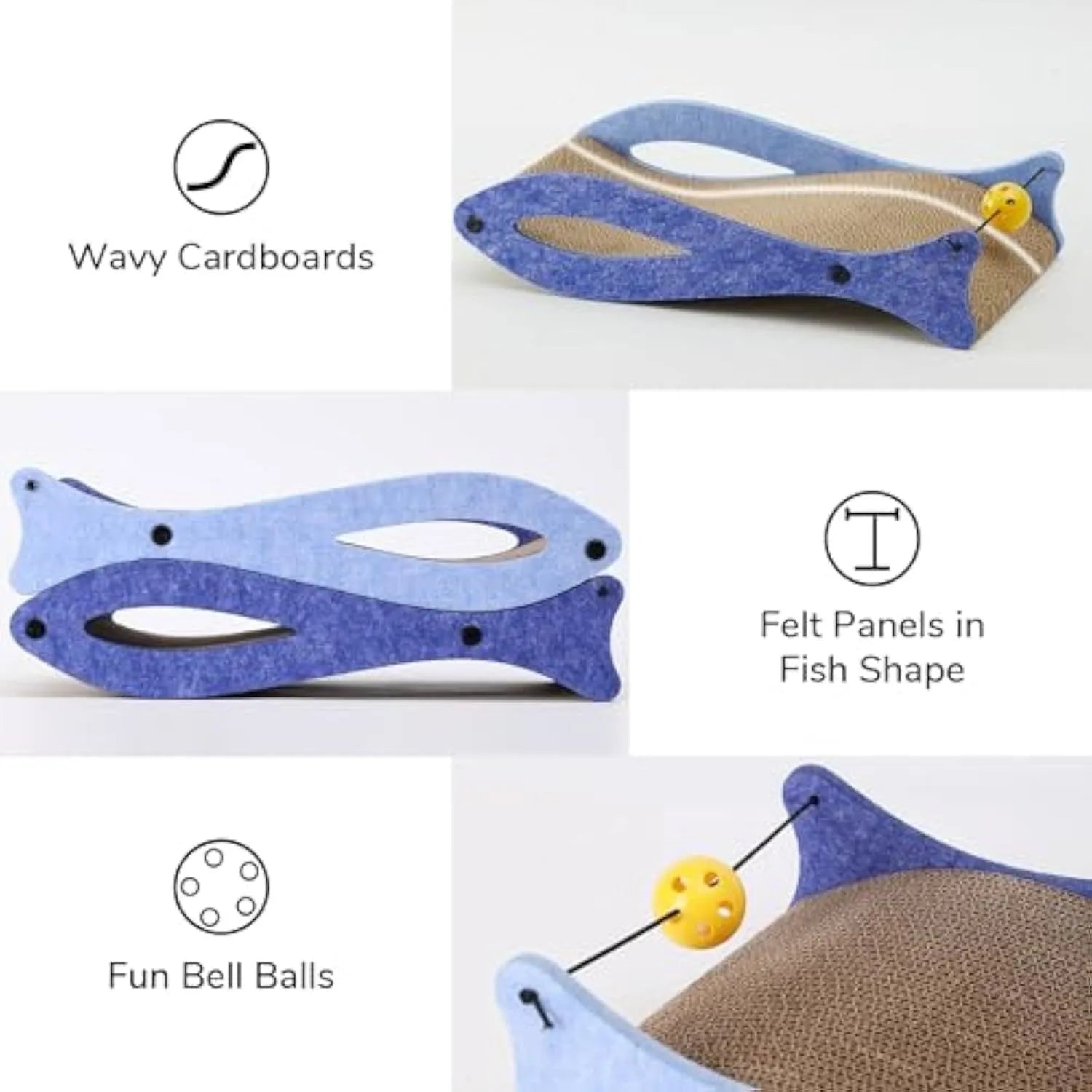 Blue fish-shaped cardboard cat scratcher lounge with a hanging ball toy for cats.