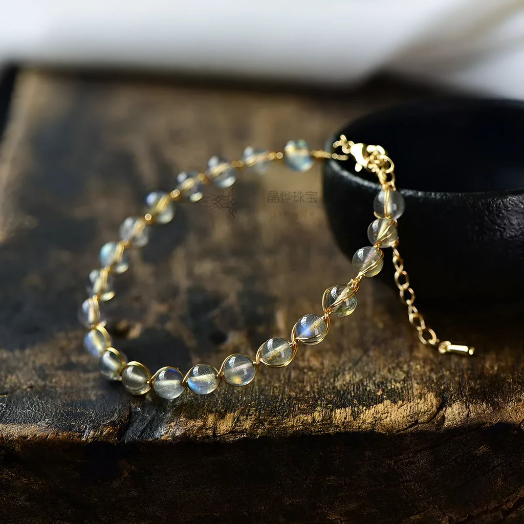 14K gilded bracelet with 6mm natural crystal blue moonstone beads and starry sky colour matching