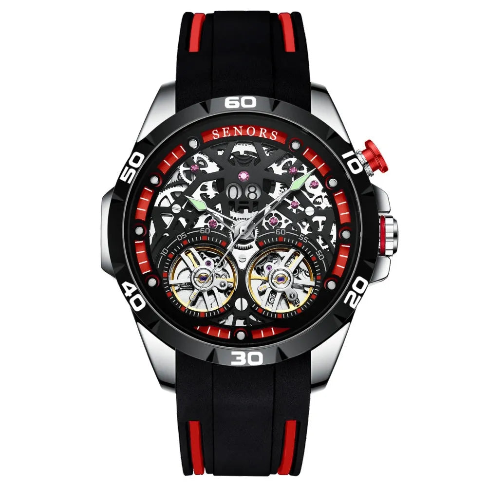 Automatic mechanical skeleton men's watch with luminous markers and exhibition back in stainless steel case
