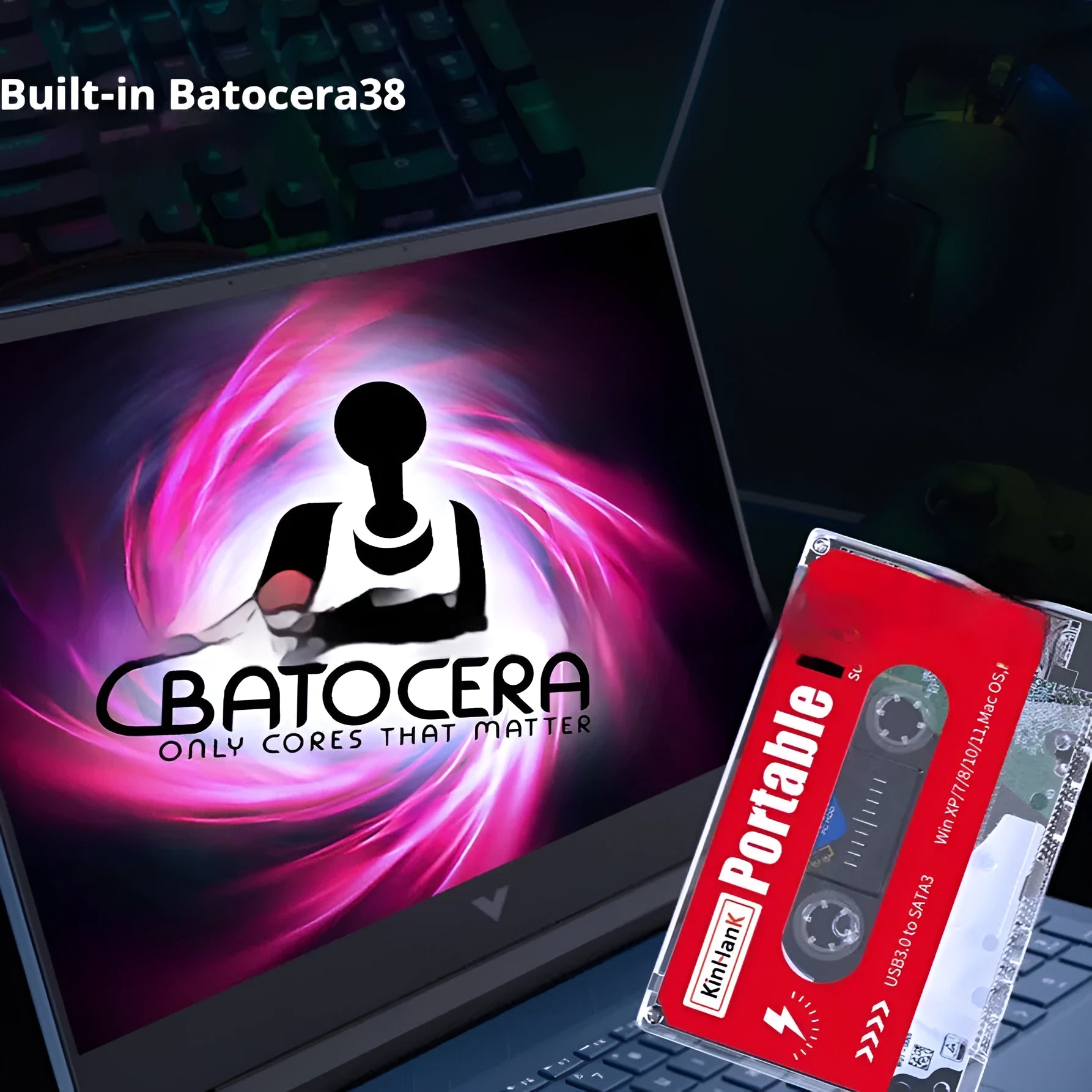 2TB external mechanical hard drive for PC games with USB cable, dimensions 12.8cm x 8cm.