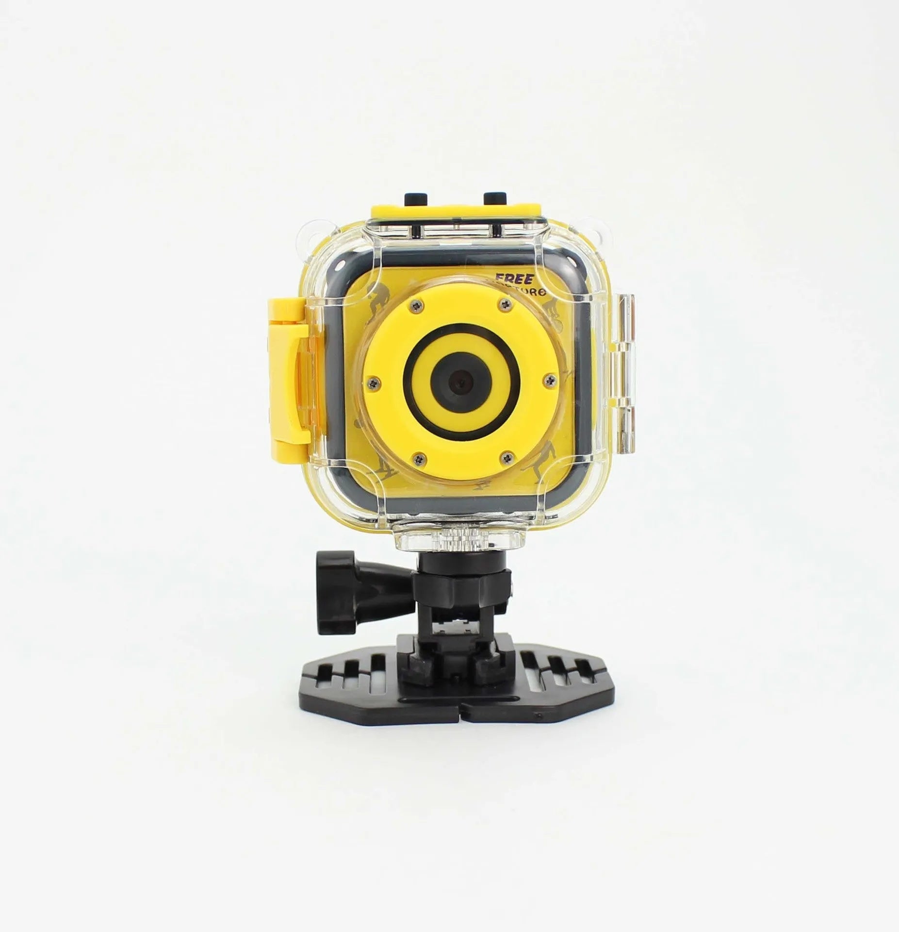 Yellow children's waterproof sports camera with compact design showing front view and control buttons