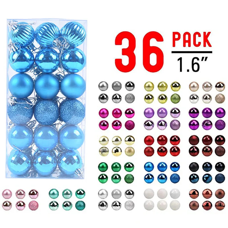 36 Christmas colour balls in whole box set, 4cm diameter, assorted colours for tree decoration