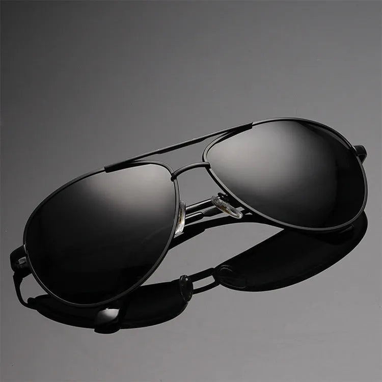 Metal frame polarised sunglasses in gun grey, 60mm lens width, temple length 140mm, for driving and travel