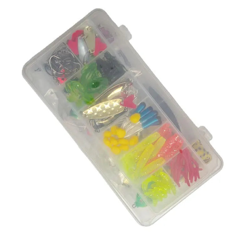 142-piece fishing lure kit showing hard minnow lures with sequins and fishing pliers