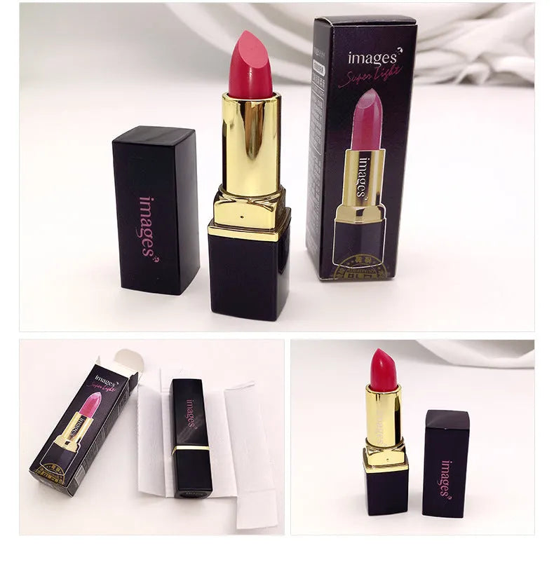 Moisturising lipstick in a case showing one of ten colours, including coral red, bright orange, and baby pink.