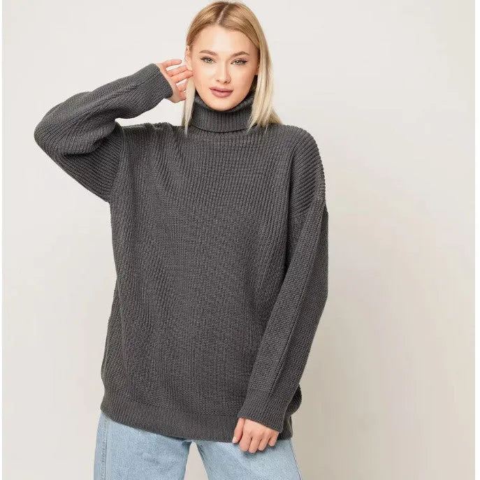Women's thick imitation cashmere high neck pullover sweater in loose fit with 3D pattern detail