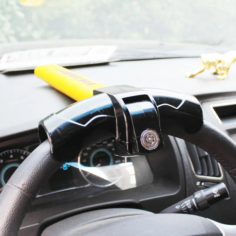 T-shaped car steering wheel lock in yellow, 38cm length, with fork and rim hook for anti-theft security