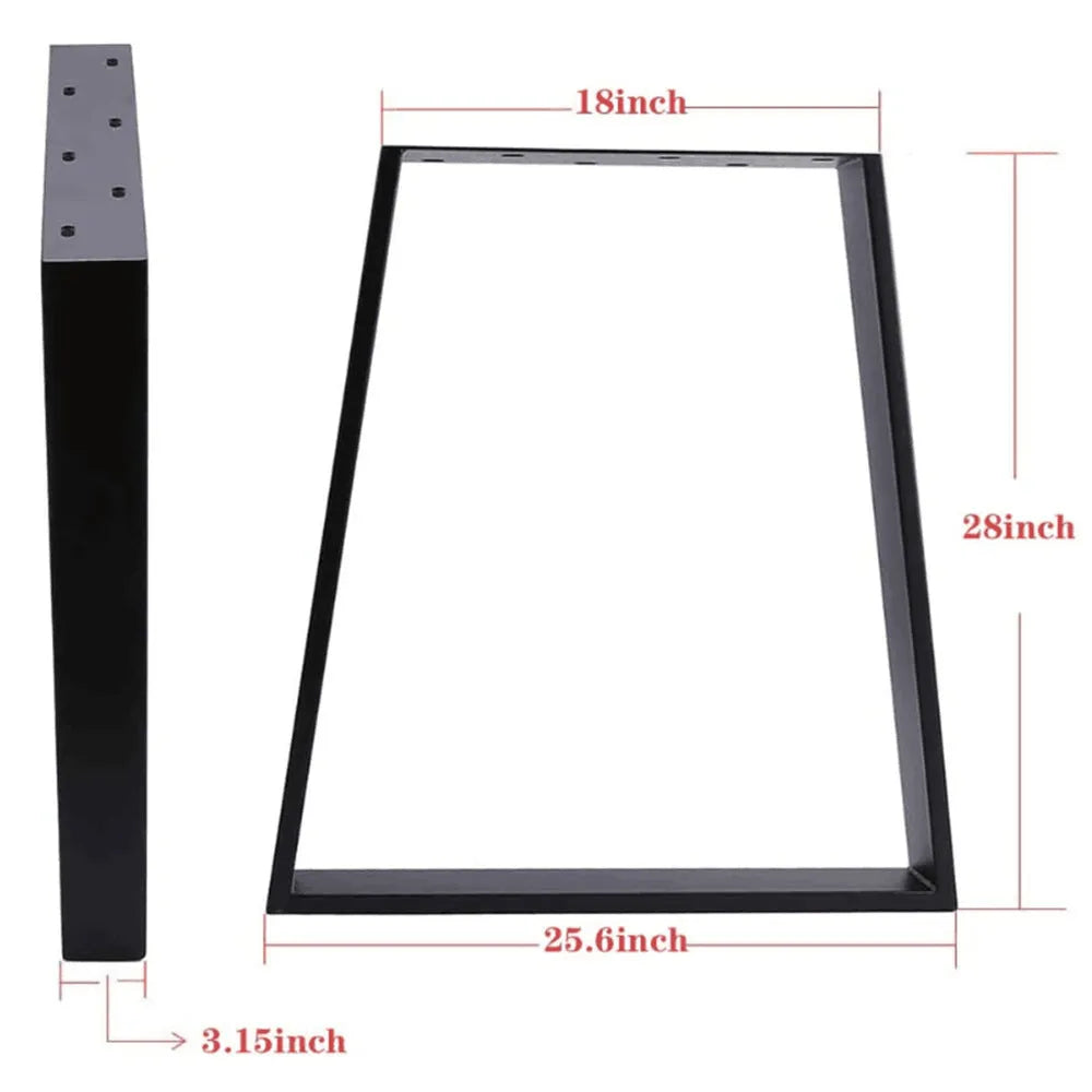 Wrought iron table legs in matte black finish with screws and foot pads on floor